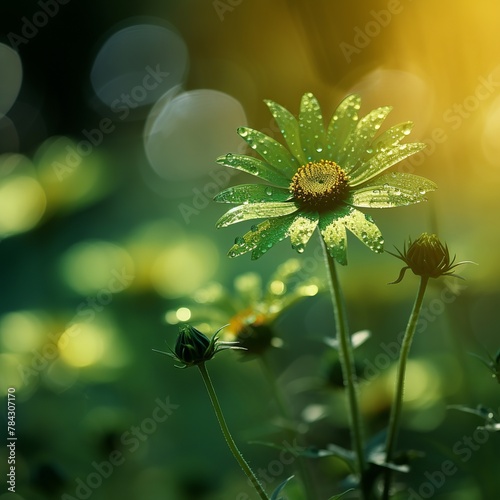 illustration of artfactory green sun flower blur background nature background, Generative ai