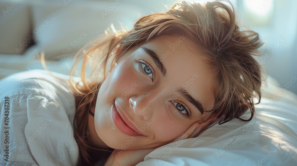 Young woman sleeps comfortably on a clean white pillow. Soft morning light fills the room. It cast a warm light on her serene expression. Every detail is sharp. Capture quiet moments Young woman sleeps comfortably on a clean white pillow. Soft morning light fills the room. It cast a warm light on her serene expression. Every detail is sharp. Capture quiet moments