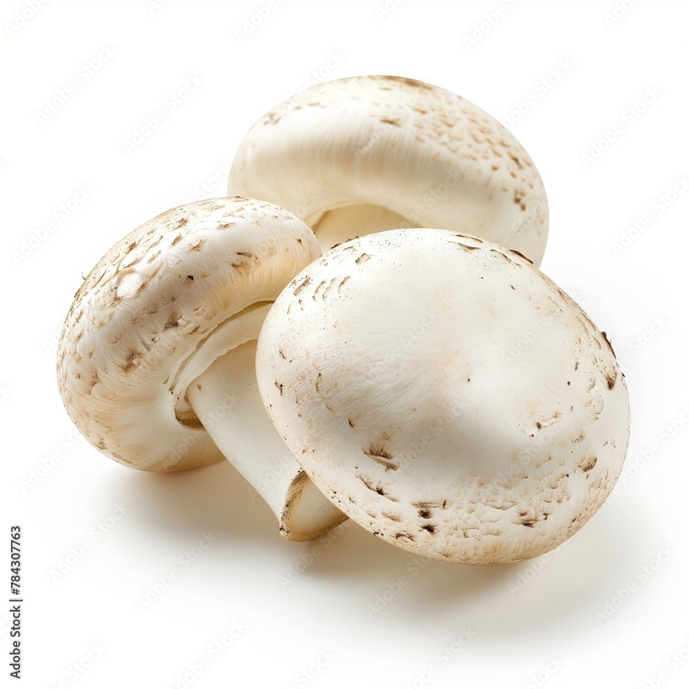 A close-up of three fresh white mushrooms isolated on a clean white background, highlighting the natural texture of the caps.