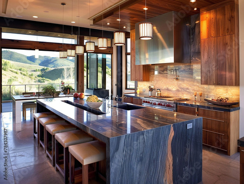Sleek kitchen featuring modern design with waterfall edge counter, minimalist decor, and ample natural light.