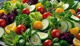 Close-up of a vibrant vegetable salad with an array of colors and textures from mixed greens, tomatoes, and cucumbers.. AI Generation