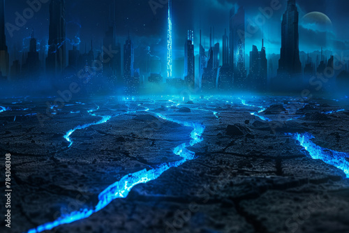 A cracked land with blue lights glowing from the crack, a city in the background