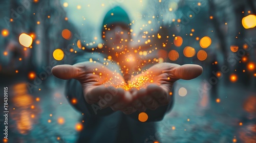 Magical lights floating from person's hands, mystical energy concept, bokeh and sparkles, enchantment. Magic in everyday life.