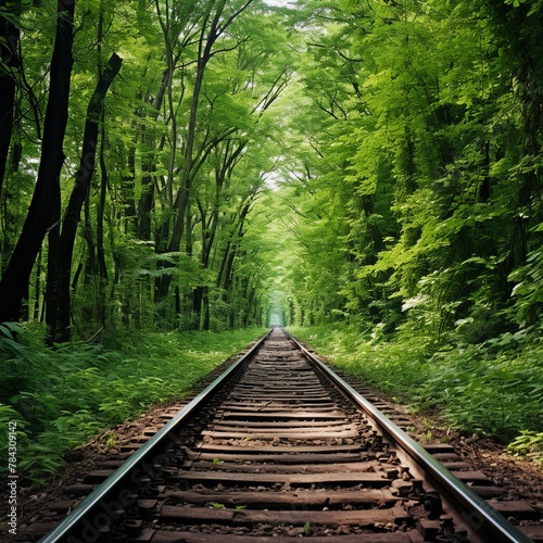 illustration of photo of long railway track in India with green tall   Generative ai