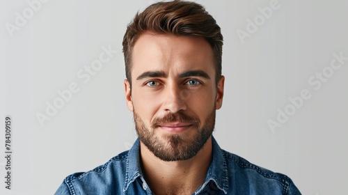 Confident father, casual style, friendly male face, relatable parent persona for UX, white backdrop.