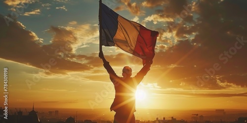 Silhouette raising French flag at sunset, patriotic celebration, national pride, skyline of Paris.
