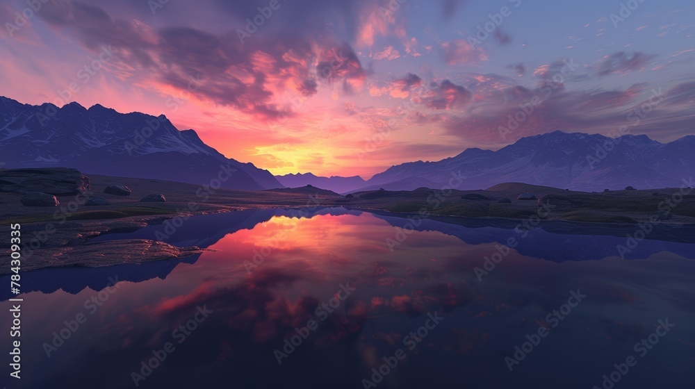 Mountain lake at sunset with vibrant sky reflections, tranquil nature scenery, serene landscape. Mountain lake at sunset with vibrant sky reflections, tranquil nature scenery, serene landscape.
