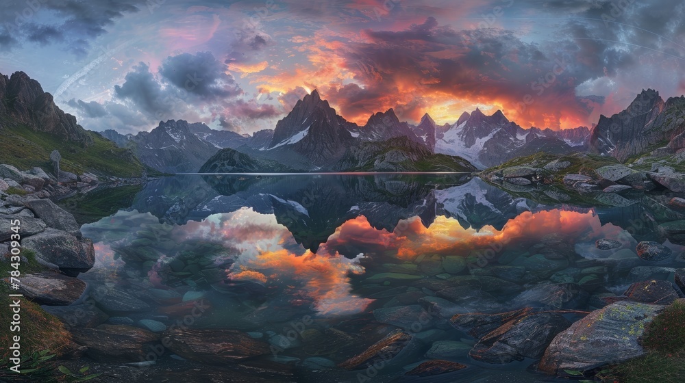 Mountain lake at sunset with vibrant sky reflections, tranquil nature scenery, serene landscape.