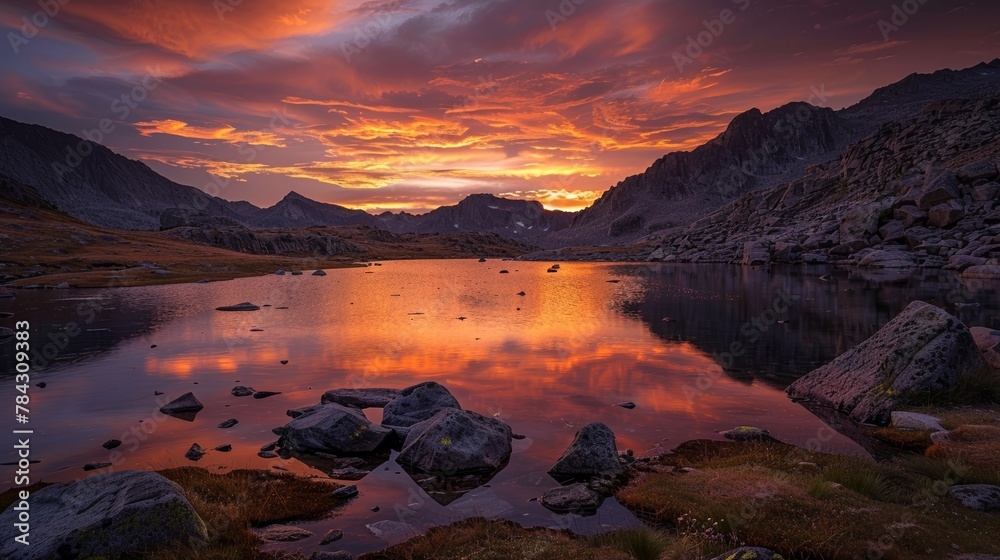 Mountain lake at sunset with vibrant sky reflections, tranquil nature scenery, serene landscape.