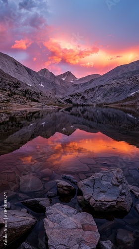 Mountain lake at sunset with vibrant sky reflections  tranquil nature scenery  serene landscape.