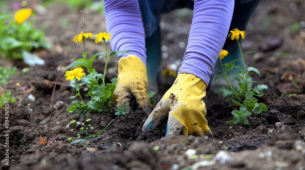 Fototapeta premium Close-up of hands planting flowers in soil, wearing yellow gloves, promoting gardening and environmental care.