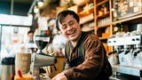 An adult with Down syndrome working at a local cafe, serving customers with a bright smile, showcasing independence and community integration.