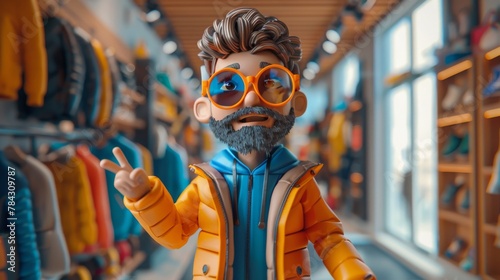 Animated Man with Glasses Giving Peace Sign in Store