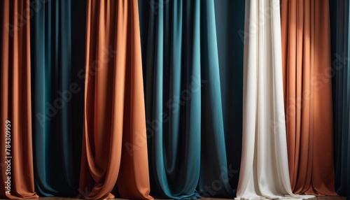Luxurious drapery arranged in a graceful display  featuring a gradient of colors from deep teal to creamy white  creating an air of sophistication.. AI Generation