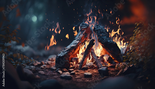 Evening outdoor nature background with close up campfire. Vivid flame bonfire illustration.