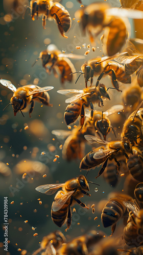 a close up of a bunch of bees flying in the air