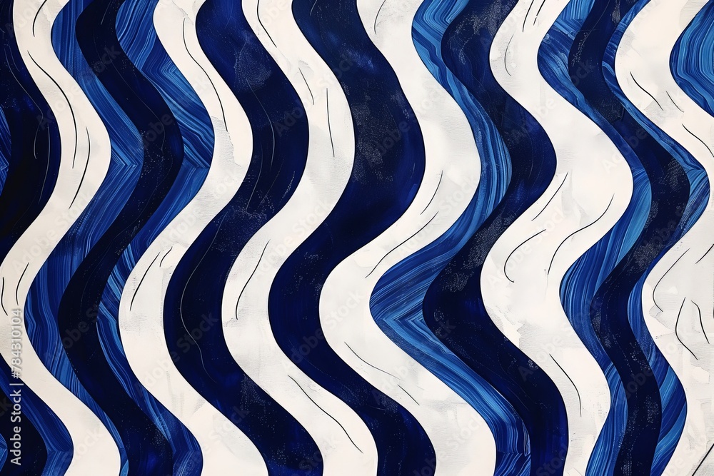 Blue and white abstract painting with wavy lines