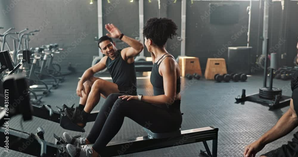 People, rowing machine and gym exercise with high five for cardio workout or fitness teamwork, friends or support. Men, woman and healthy training for sport together as athlete, wellness or challenge