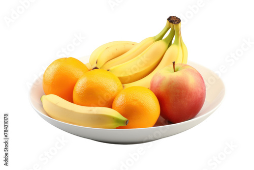 An arrangement of fruits on a white plate. Mango, orange, apple, banana, beautifully arranged. Isolated on a transparent background.