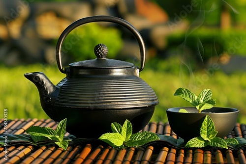 Serene setting with a classic teapot and a cup surrounded by vibrant mint leaves