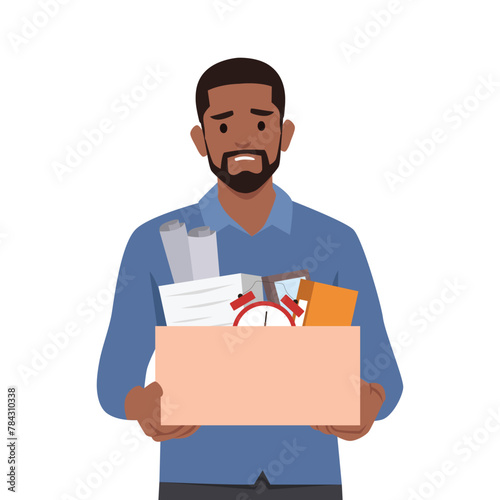 Young man character holding a box with his things with inscription Fired. Unemployment. Flat vector illustration isolated on white background