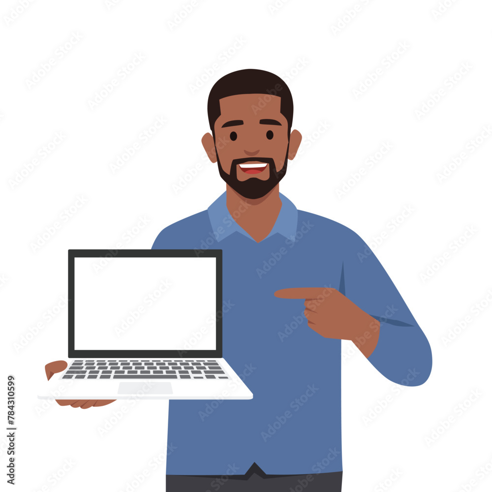 Young man character holding or showing the blank screen of a laptop computer and pointing hand finger. Flat vector illustration isolated on white background Young man character holding or showing the blank screen of a laptop computer and pointing hand finger. Flat vector illustration isolated on white background