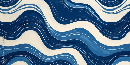 Blue and white painting with wavy lines