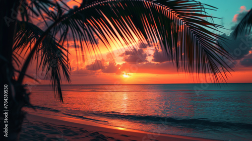 Sunset and Palms on Peaceful Tropical Beach.