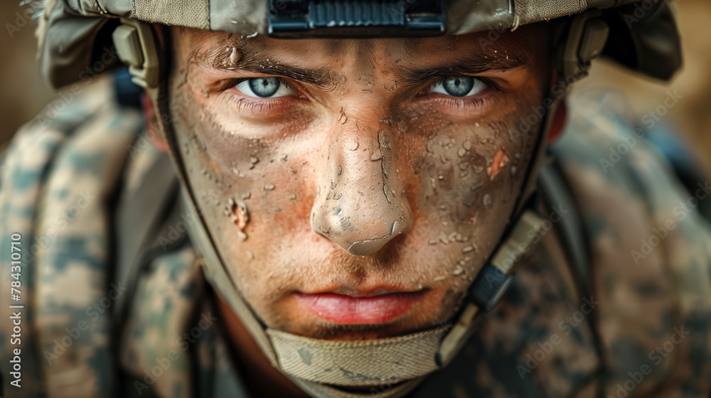 Steadfast Soldier's Stare in the Face of Adversity, Mud-Spattered and Resolute Steadfast Soldier's Stare in the Face of Adversity, Mud-Spattered and Resolute