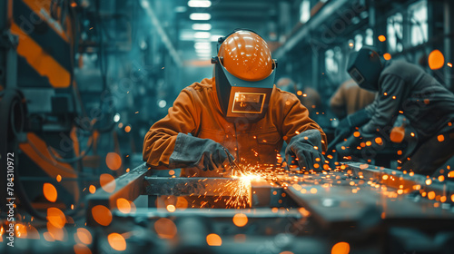 Skilled Welder at Work, Sparks Flying in Industrial Environment photo
