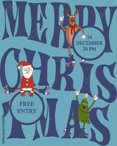Cartoonish Christmas greeting Card Cover design in contemporary Groovy Retro style. Grunge Design XMAS party invitation card with Christmas Weird Character. Y2K artistic vector. Editable stroke EPS 10