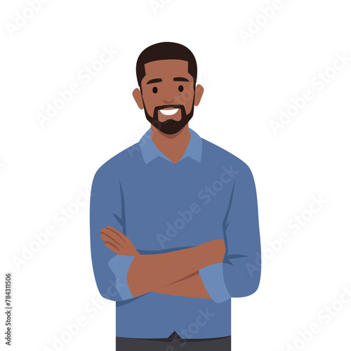 Young man character keeping arms crossed. Businessman standing with folded arms pose. Flat vector illustration isolated on white background