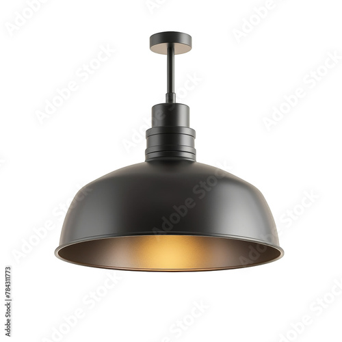 Black ceiling lamp gives warm light isolated on white.