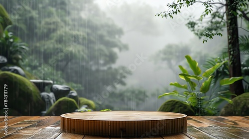 Natural Bamboo Podium  front view focus  with a Zen Garden Background  ideal for wellness and spa product displays