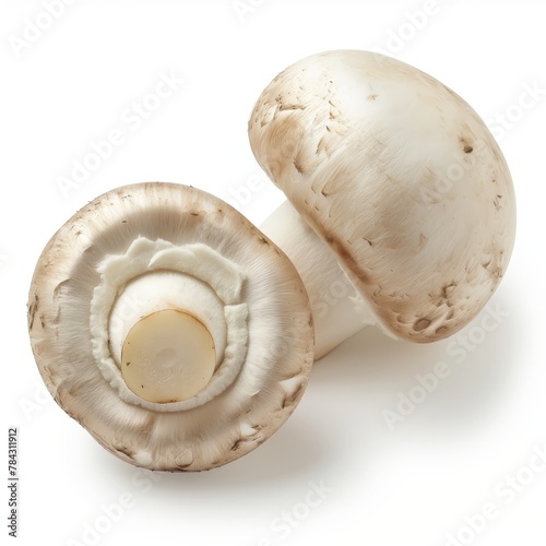 Two champignon mushrooms isolated on a white background showcasing their natural texture and organic shapes.