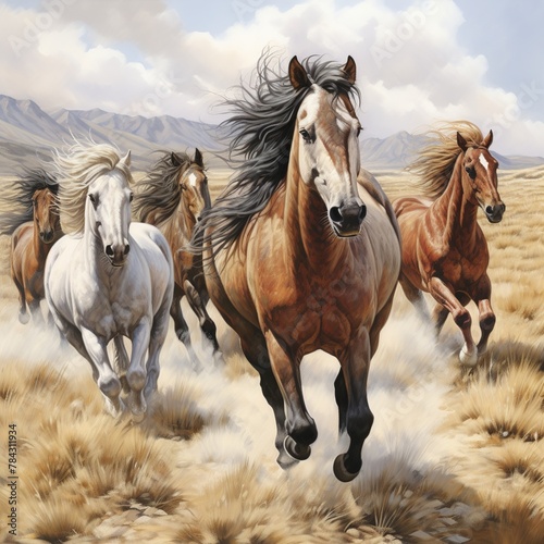 illustration of wild horses running colored drawing illustration  Generative ai
