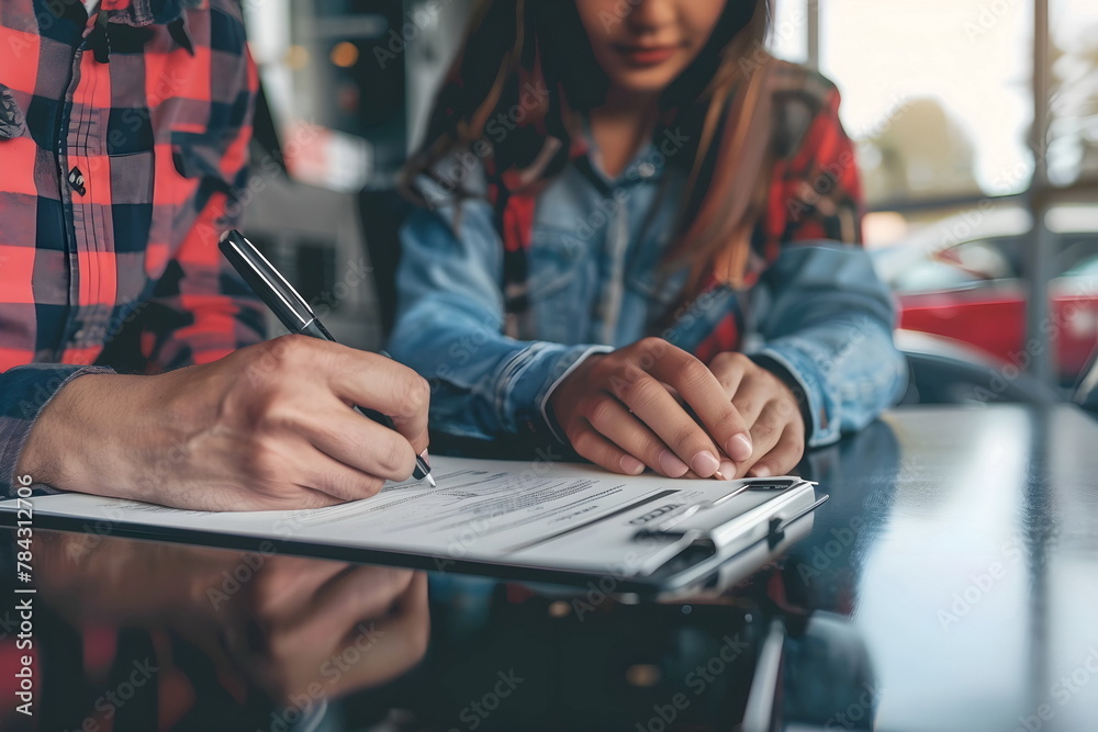 A woman and a man signing papers in an office A woman and a man signing papers in an office