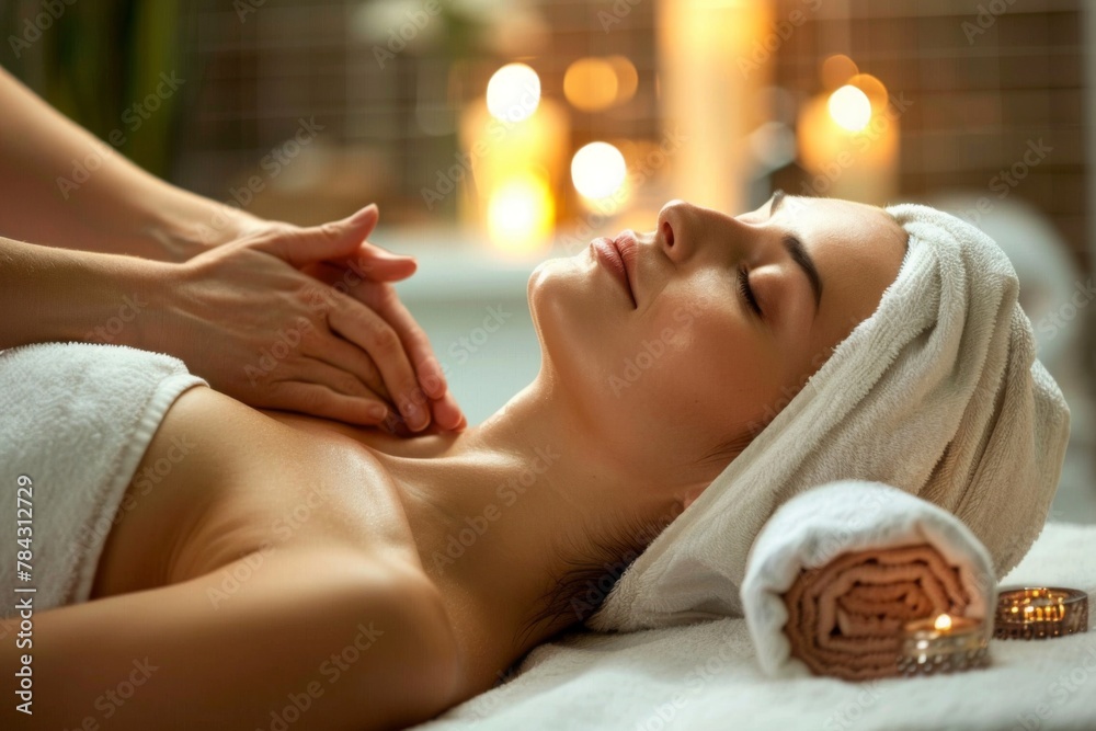 Naklejka premium Relaxing moment captured during a woman's neck massage in a tranquil spa setting