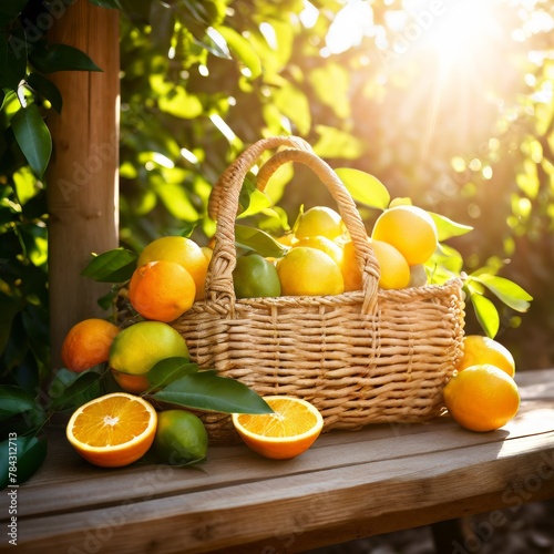 Wicker summer straw bags filled with fresh citrus fruit, leaning against a rustic wooden fence