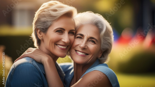 Happy lesbian lgbtq couple in love cuddling and laughing together outdoors. Two adult stylish diverse pretty women hugging and bonding. LGBT relationship lifestyle concept