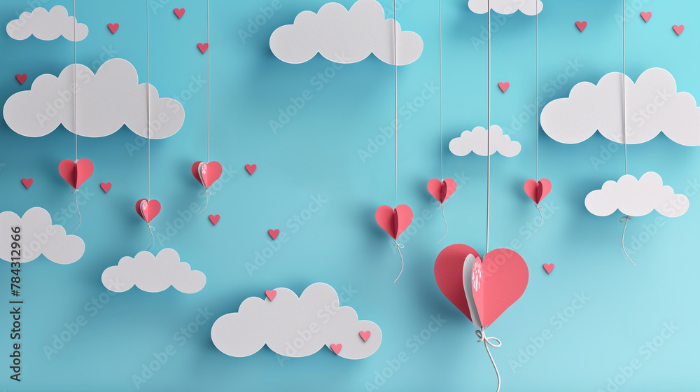 Red and Pink Hearts Balloons with White Clouds
