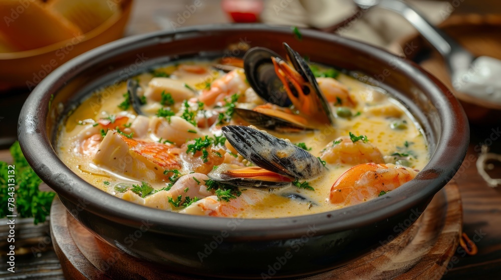 Dishes of New Zealand Seafood Chowder soup, thick creamy base with fish and shellfish.