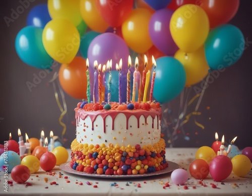 Birthday cake with candles and balloons