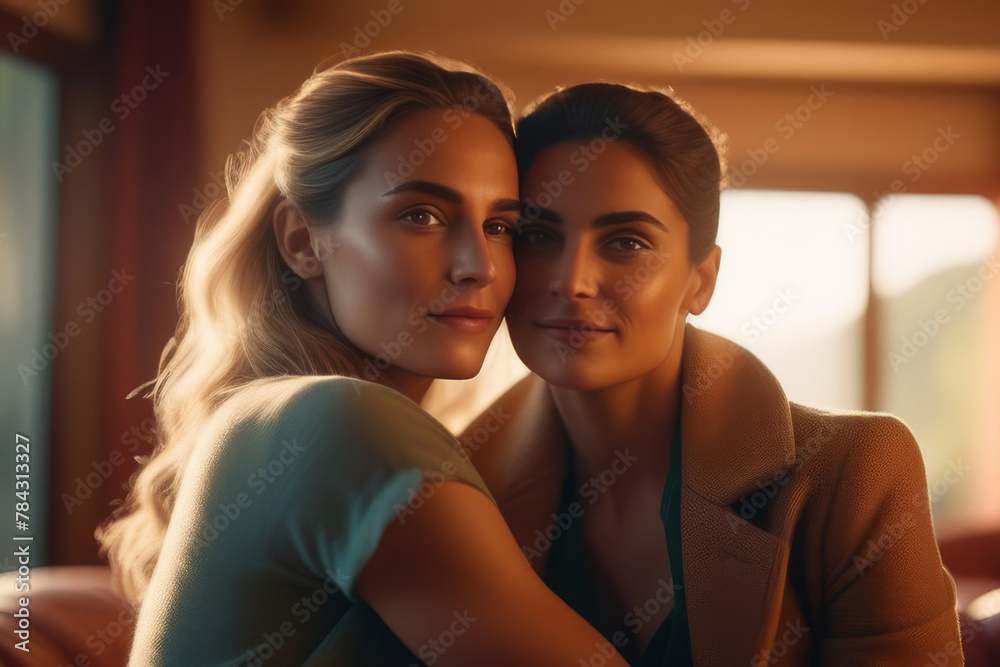 Happy lesbian lgbtq couple in love cuddling and laughing together at home. Two stylish diverse pretty women hugging and bonding. LGBT relationship lifestyle concept