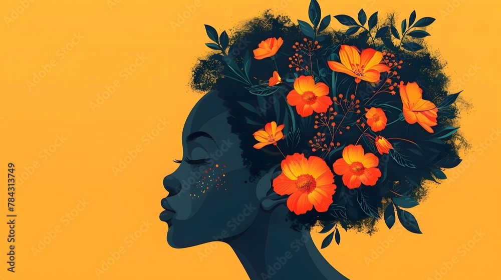 Abstract Portrait of Afro-American Woman with Floral Headpiece in Vibrant Minimalist Design