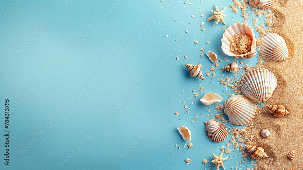 Sand, starfish and shells on blue background with copy space. Summer background for banner. Top view photo Sand, starfish and shells on blue background with copy space. Summer background for banner. Top view photo