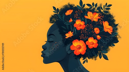 Abstract Portrait of Afro-American Woman with Floral Headpiece in Vibrant Minimalist Design © kiatipol