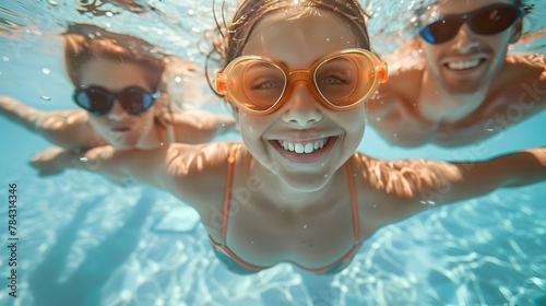 Joyful Family Underwater Swim on Summer Vacation Diving in Pool