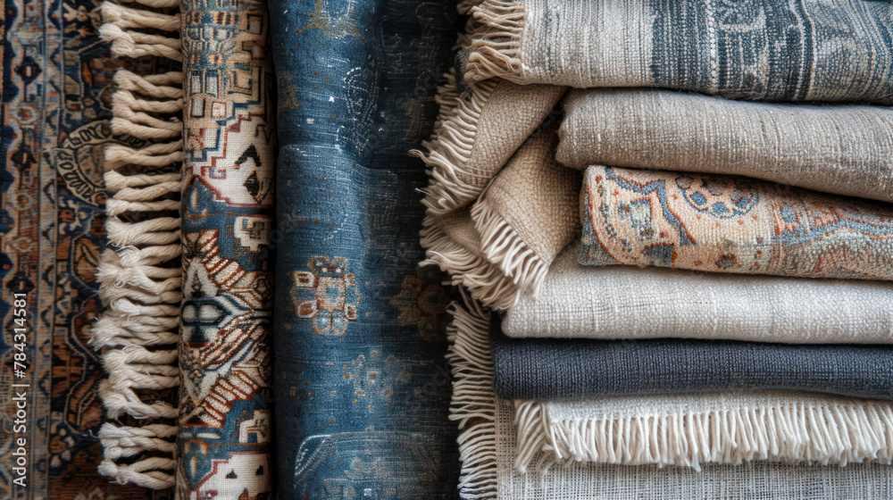 Cozy assortment of woven blankets with rich textures, perfect for home comfort and stylish interiors Cozy assortment of woven blankets with rich textures, perfect for home comfort and stylish interiors