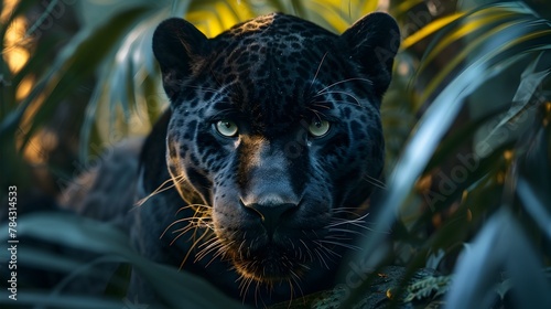 Mysterious Predator: Black Panther in the Verdant Jungle Embodying Nocturnal Majesty © kiatipol